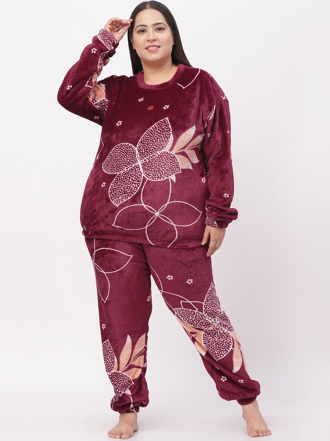 

KLOTTHE Women Plus Size Printed Woollen Night suit, Burgundy