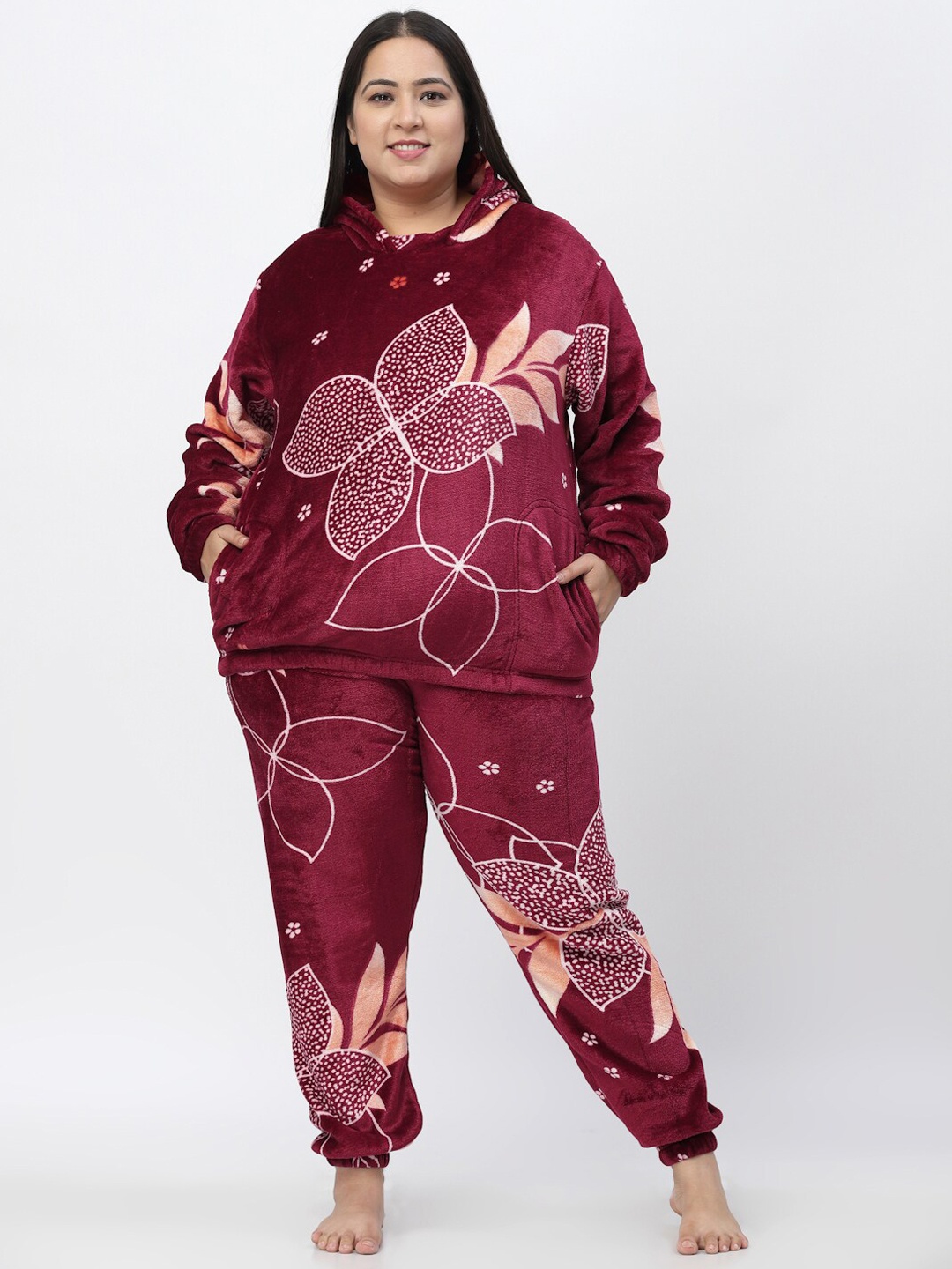 

KLOTTHE Women Plus Size Printed Hooded Woollen Night Suit, Burgundy