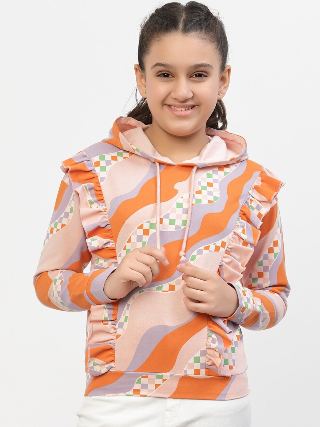 

SPUNKIES Girls Orange Cotton Printed Hooded Sweatshirt