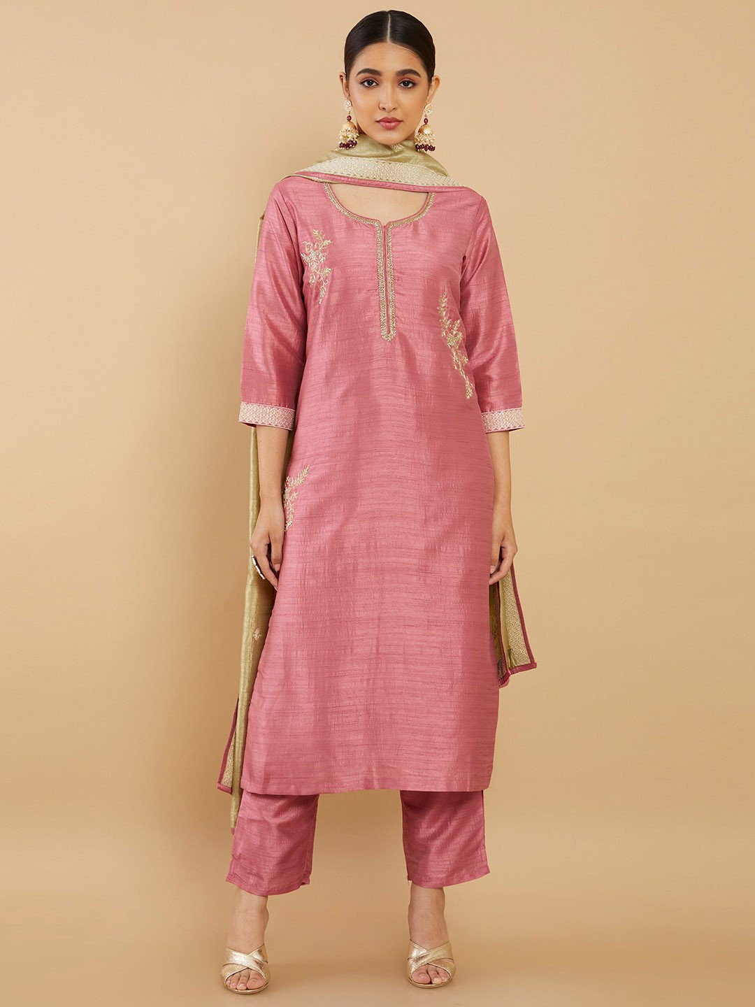 

Soch Women Pink Floral Embroidered Pure Silk Kurta with Trousers & Dupatta