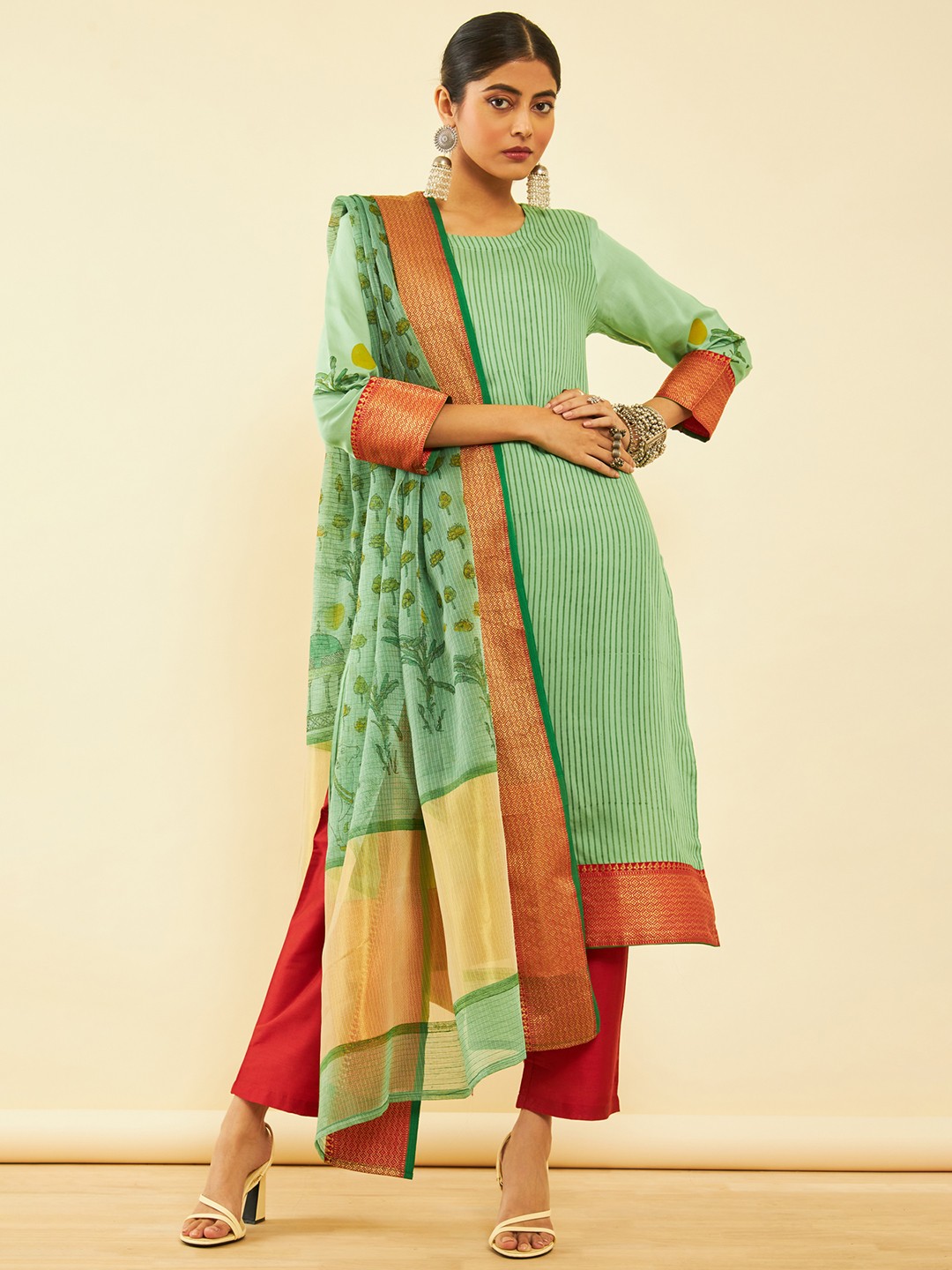 

Soch Women Cream-Coloured Kurta with Trousers & Dupatta