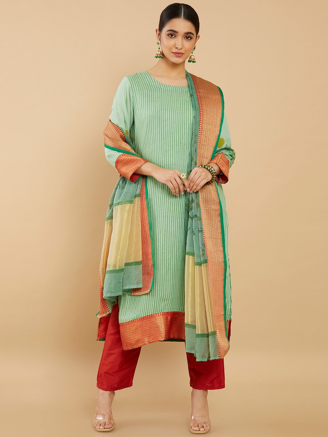 

Soch Women Green Striped Kurta with Trousers & Dupatta