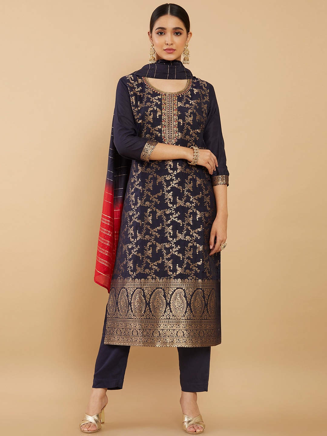 

Soch Women Navy Blue Ethnic Motifs Embroidered Kurta with Trousers & Dupatta