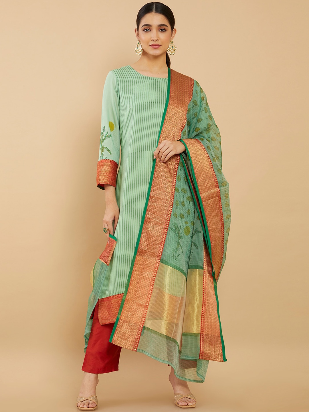 

Soch Women Green Striped Printed Kurta with Trousers & With Dupatta