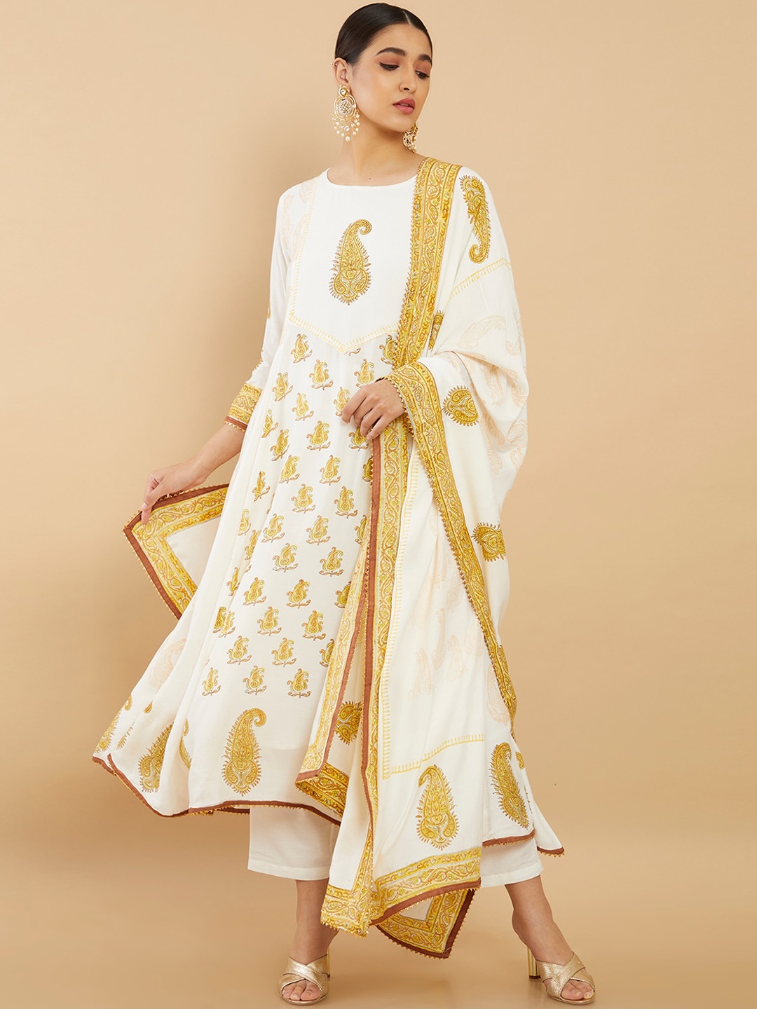 

Soch Women Off White Paisley Printed Kurta with Trousers & With Dupatta