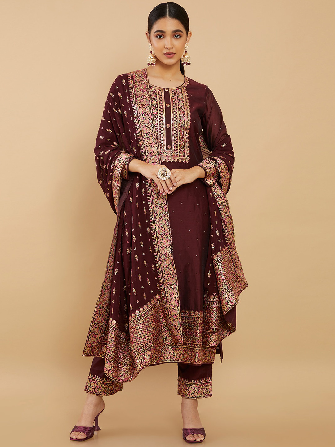 

Soch Women Brown Ethnic Motifs Embroidered Chanderi Silk Kurta with Trousers & With Dupatta