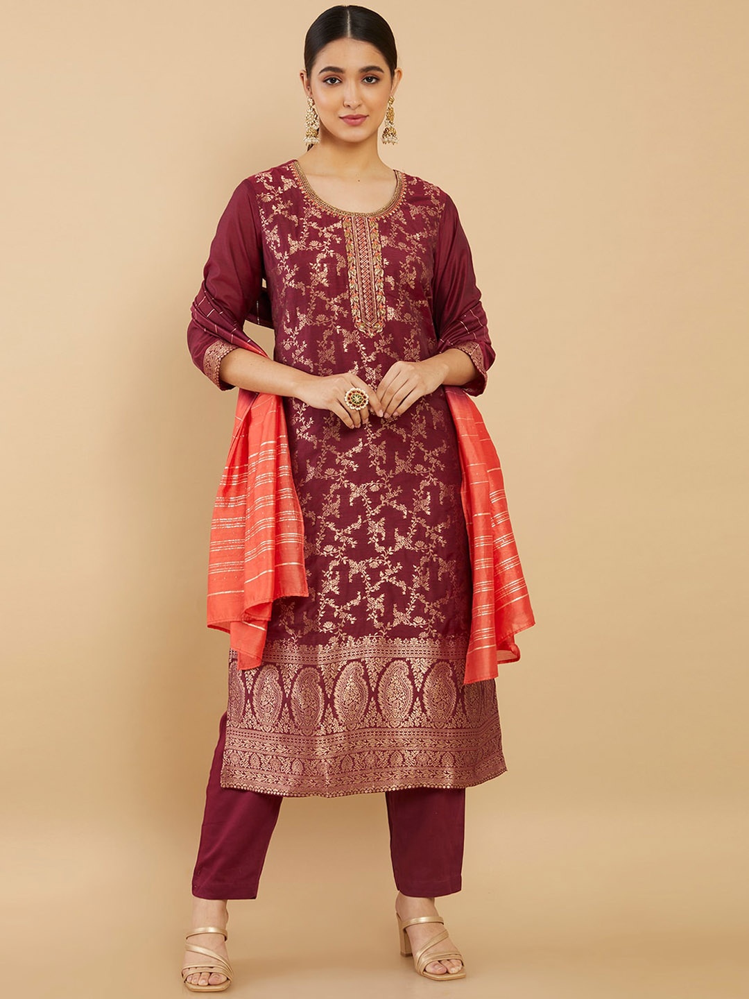 

Soch Women Maroon Ethnic Motifs Printed Kurta with Trousers & With Dupatta