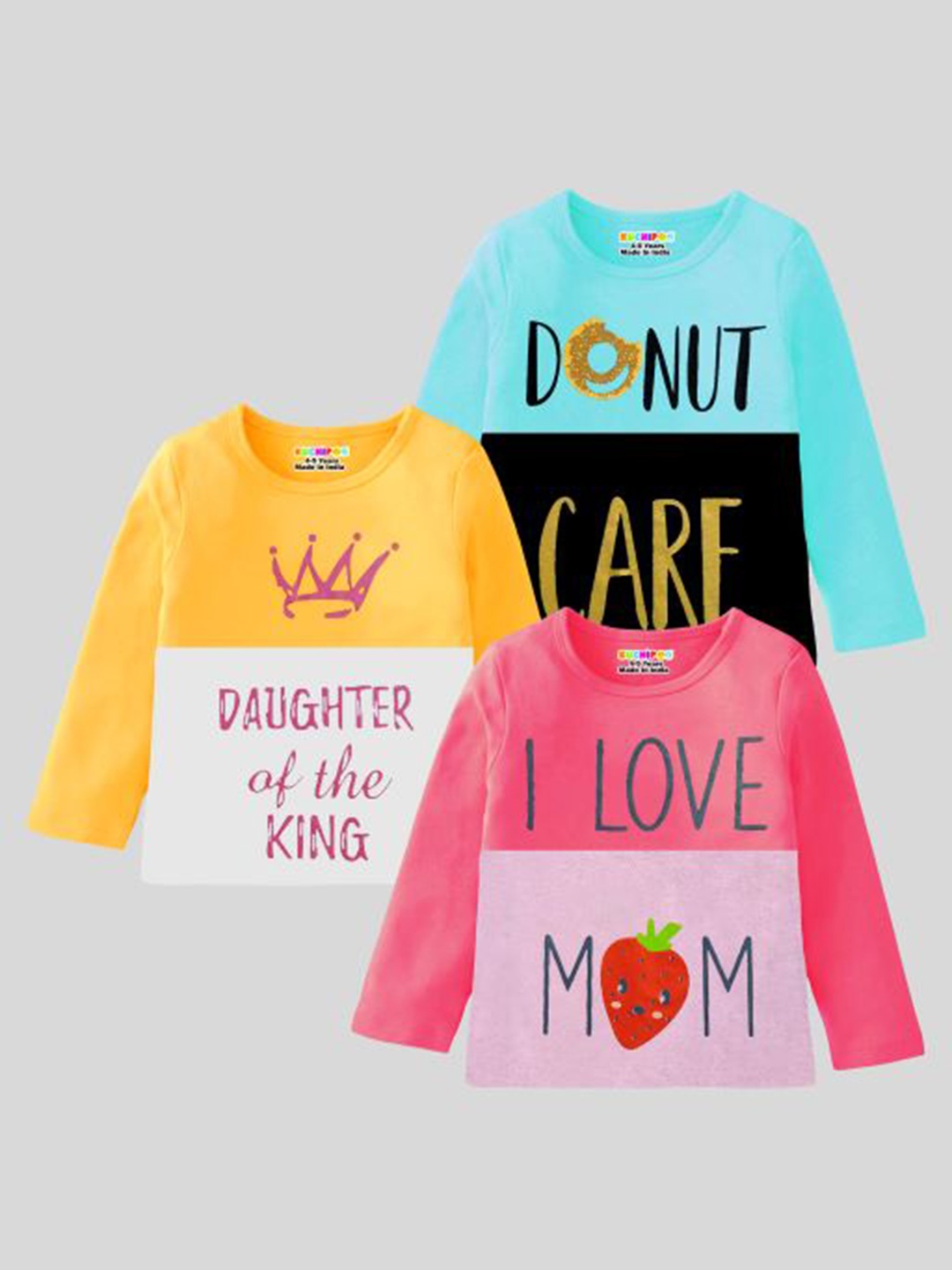 

KUCHIPOO Girls Pack Of 3 Typography Printed Cotton T-shirt, Turquoise blue