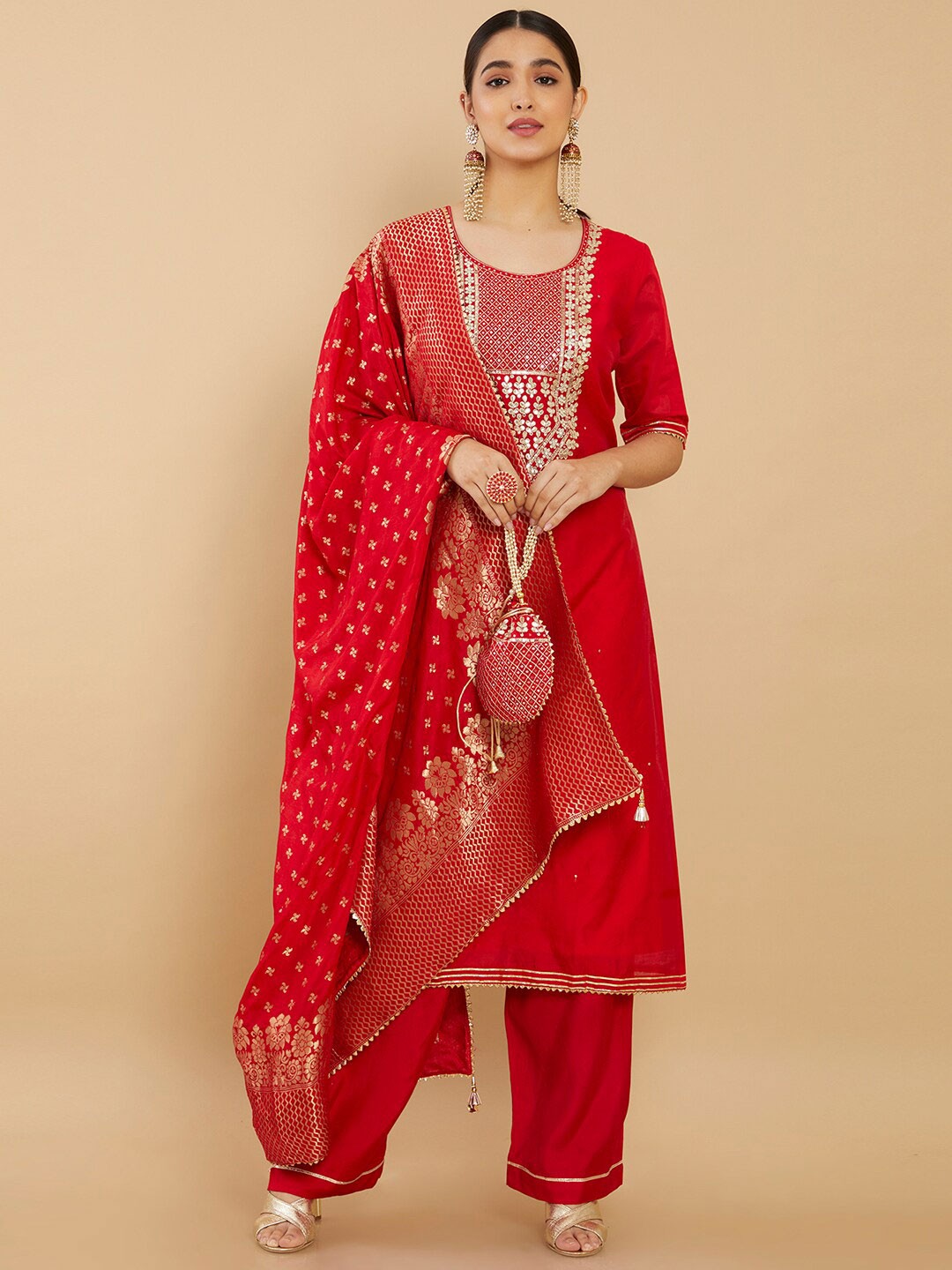 

Soch Women Red & Gold-Toned Embroidered Pure Silk Unstitched Dress Material