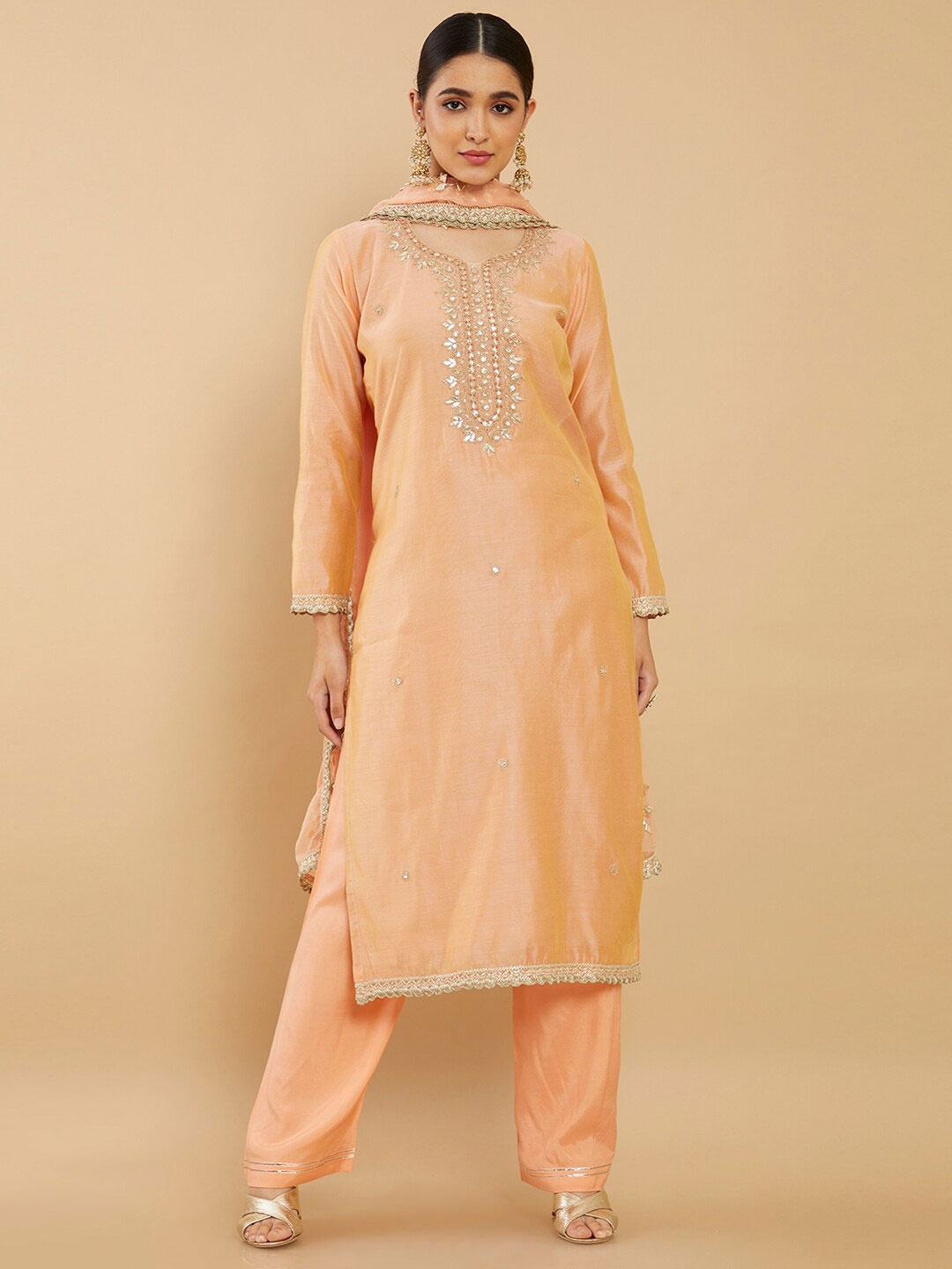 

Soch Peach-Coloured & Gold-Toned Embroidered Pure Silk Unstitched Dress Material