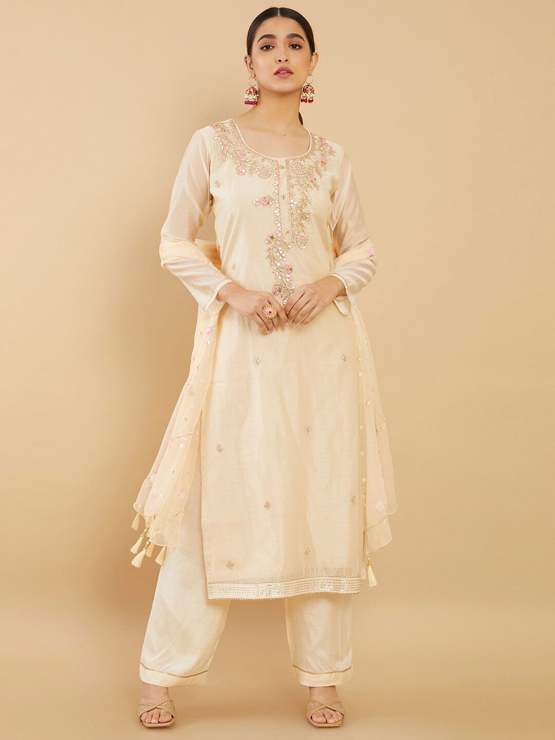 

Soch Beige & Gold-Toned Embroidered Pure Silk Unstitched Dress Material