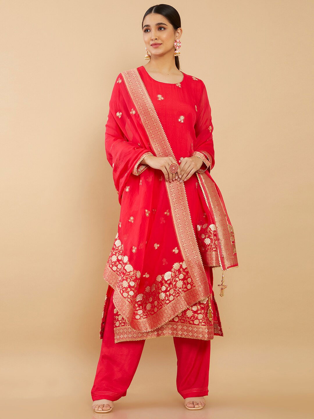 

Soch Women Red & Gold-Toned Printed Organza Unstitched Dress Material