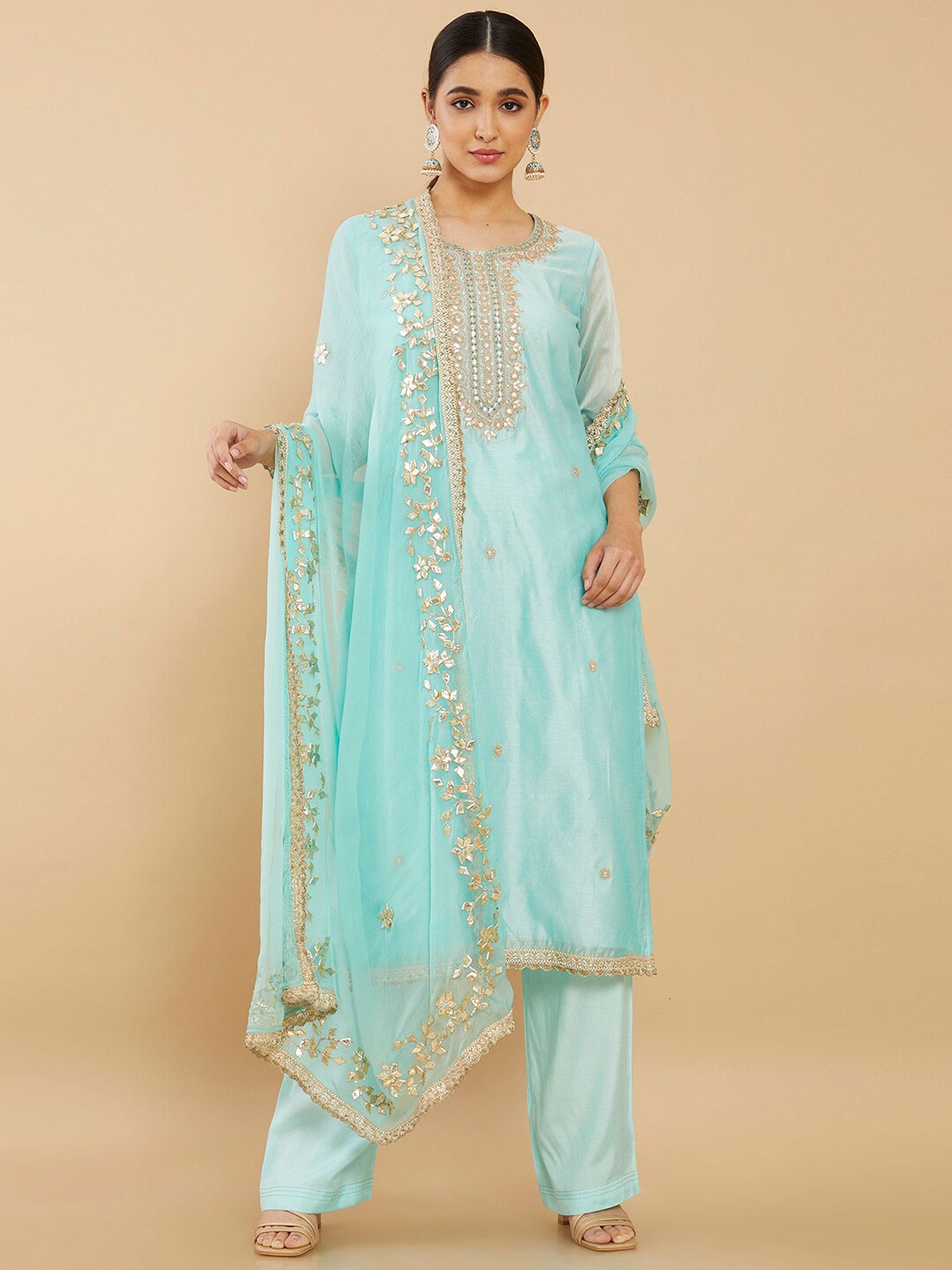 

Soch Women Blue & Gold Embroidered Pure Silk Unstitched Dress Material
