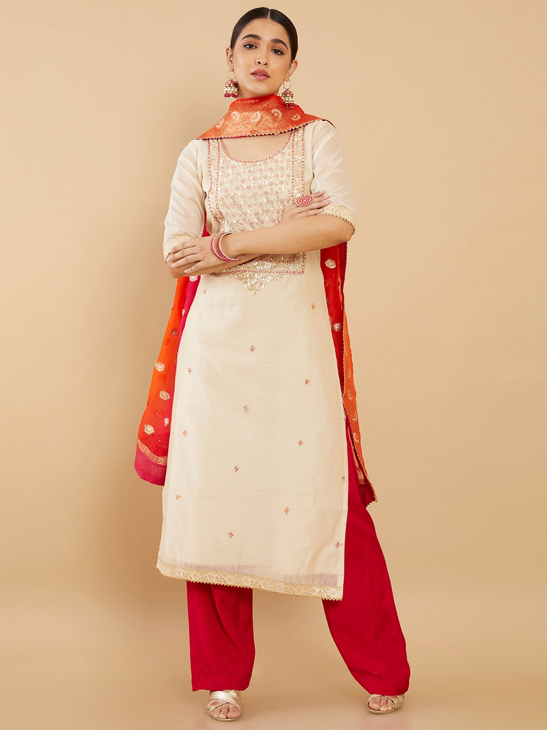 

Soch Cream-Coloured & Gold-Toned Embroidered Pure Silk Unstitched Dress Material