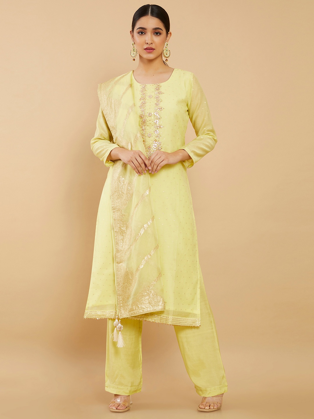 

Soch Yellow & Gold-Toned Embroidered Pure Silk Unstitched Dress Material