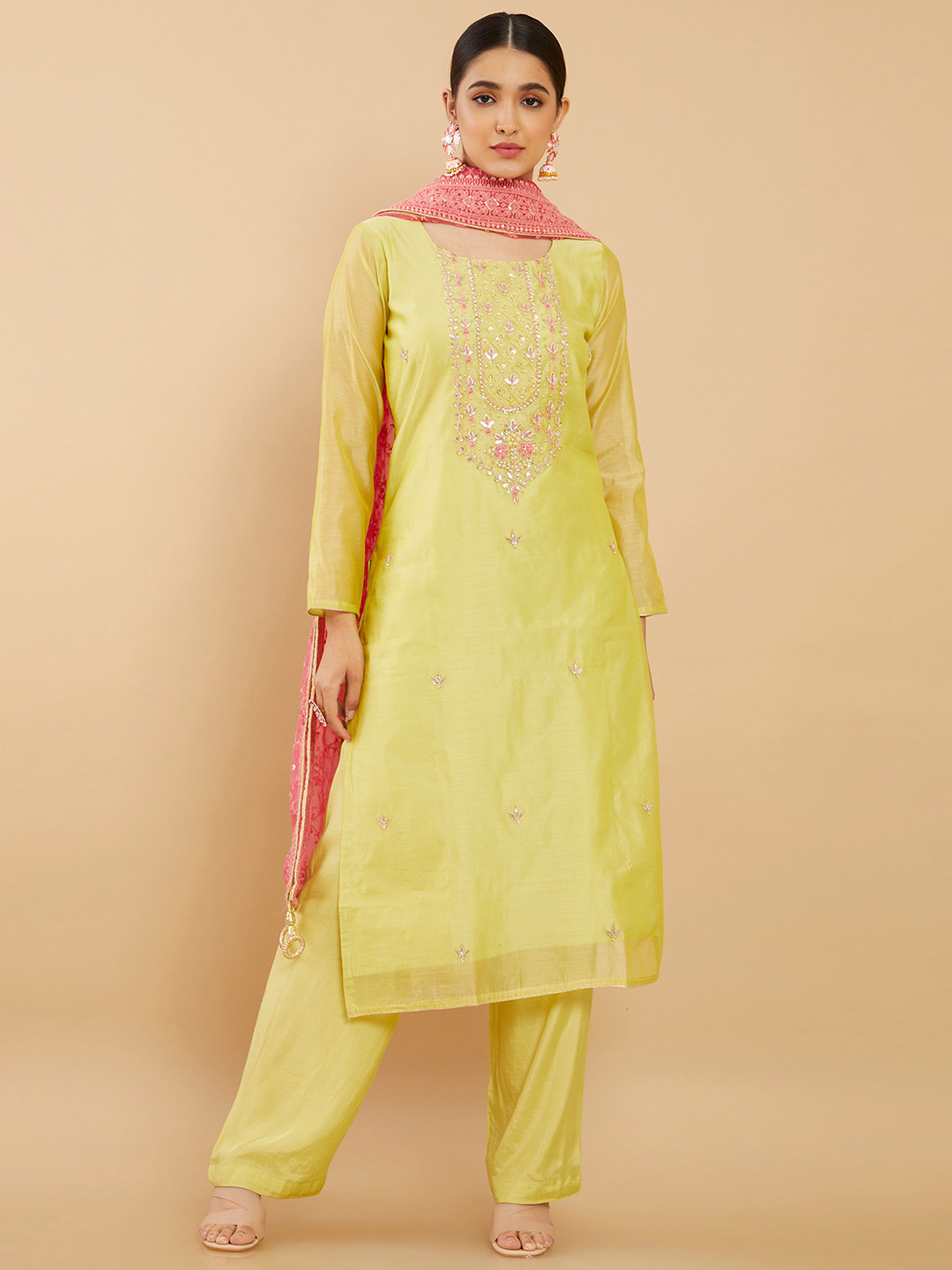 

Soch Green & Pink Embroidered Pure Silk Unstitched Dress Material