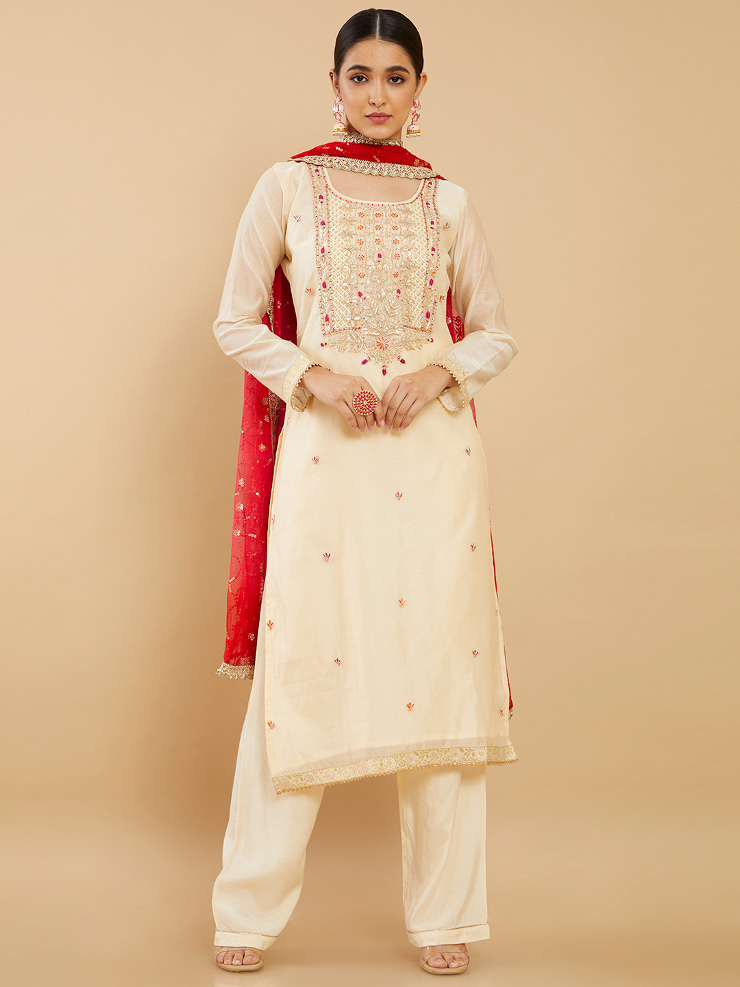 

Soch Cream-Coloured & Red Embroidered Pure Silk Unstitched Dress Material