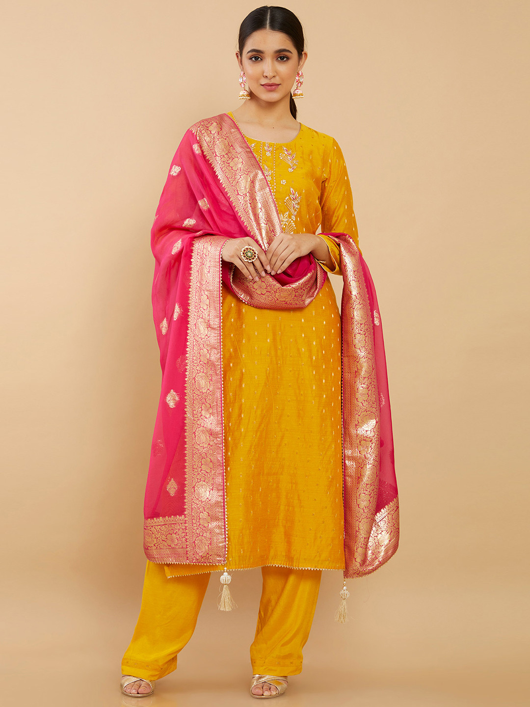 

Soch Mustard & Pink Embroidered Pure Silk Unstitched Dress Material