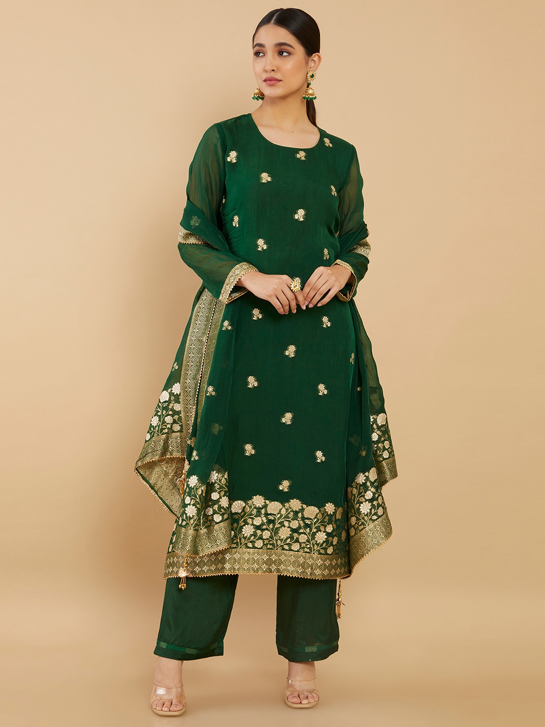 

Soch Green & Gold-Toned Printed Organza Unstitched Dress Material