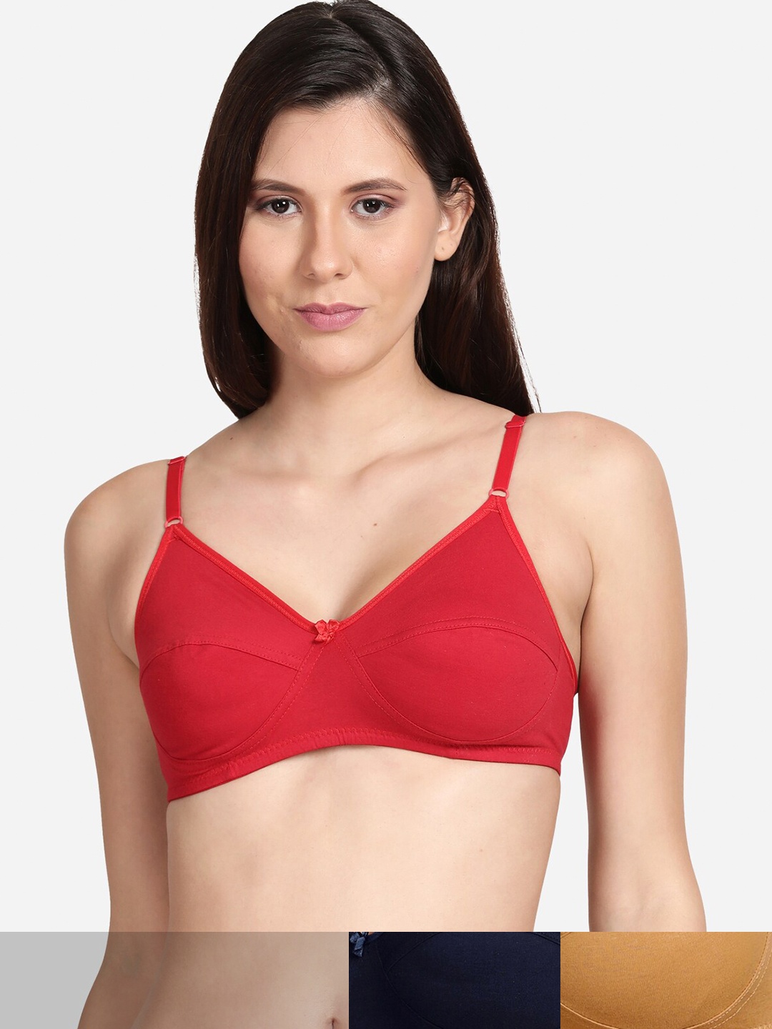 

shyaway Beige & Red Cotton Pack of 3 Medium Coverage Bra