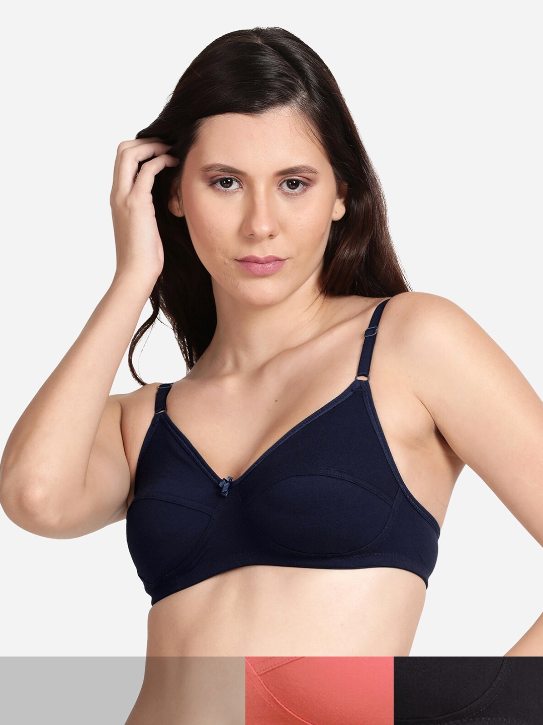 

shyaway Black & Navy Blue Cotton Pack of 3 Medium Coverage T-shirt Bra