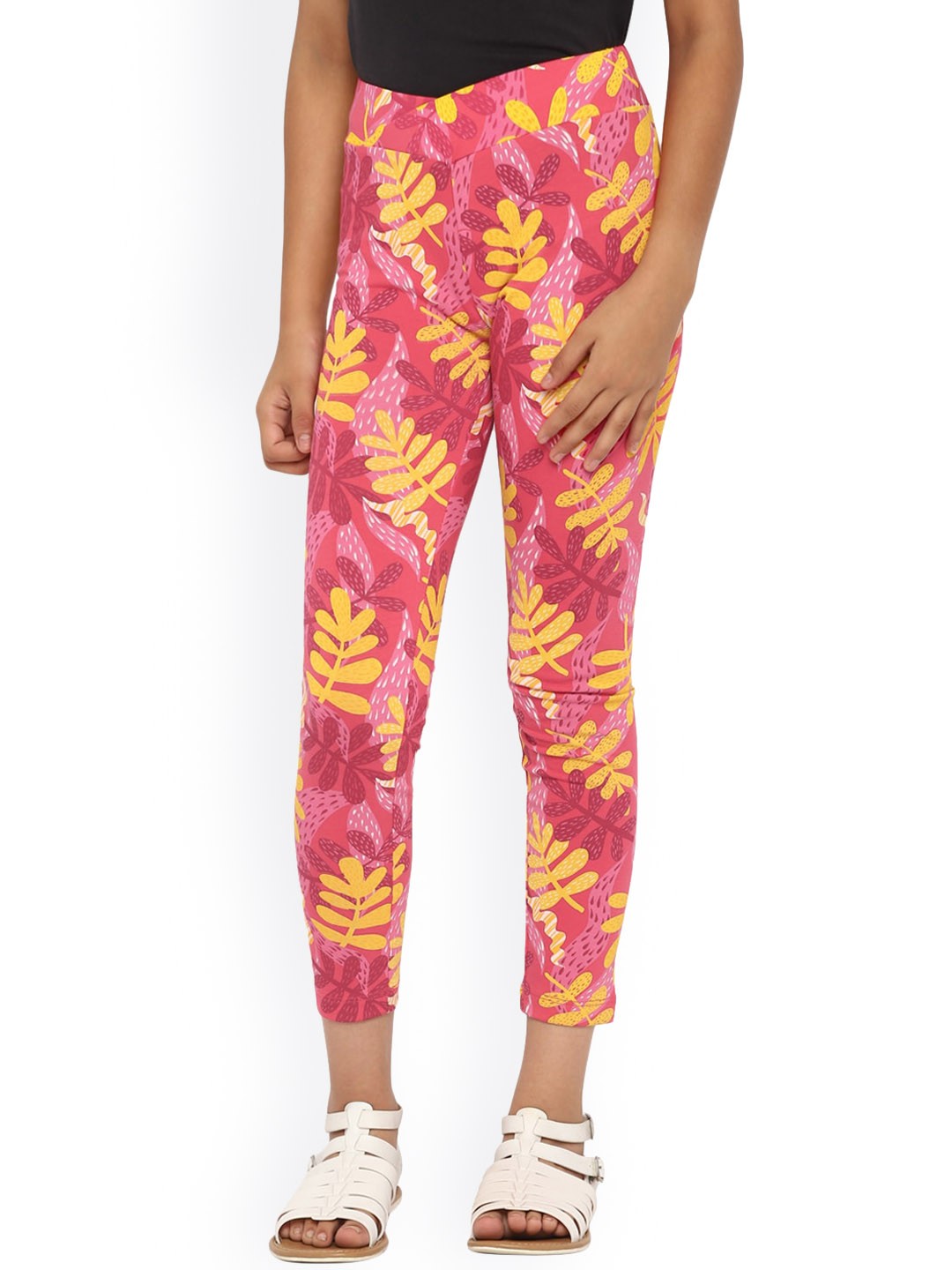 

SPUNKIES Girls Pink & Yellow Printed Cotton Ankle-length Leggings