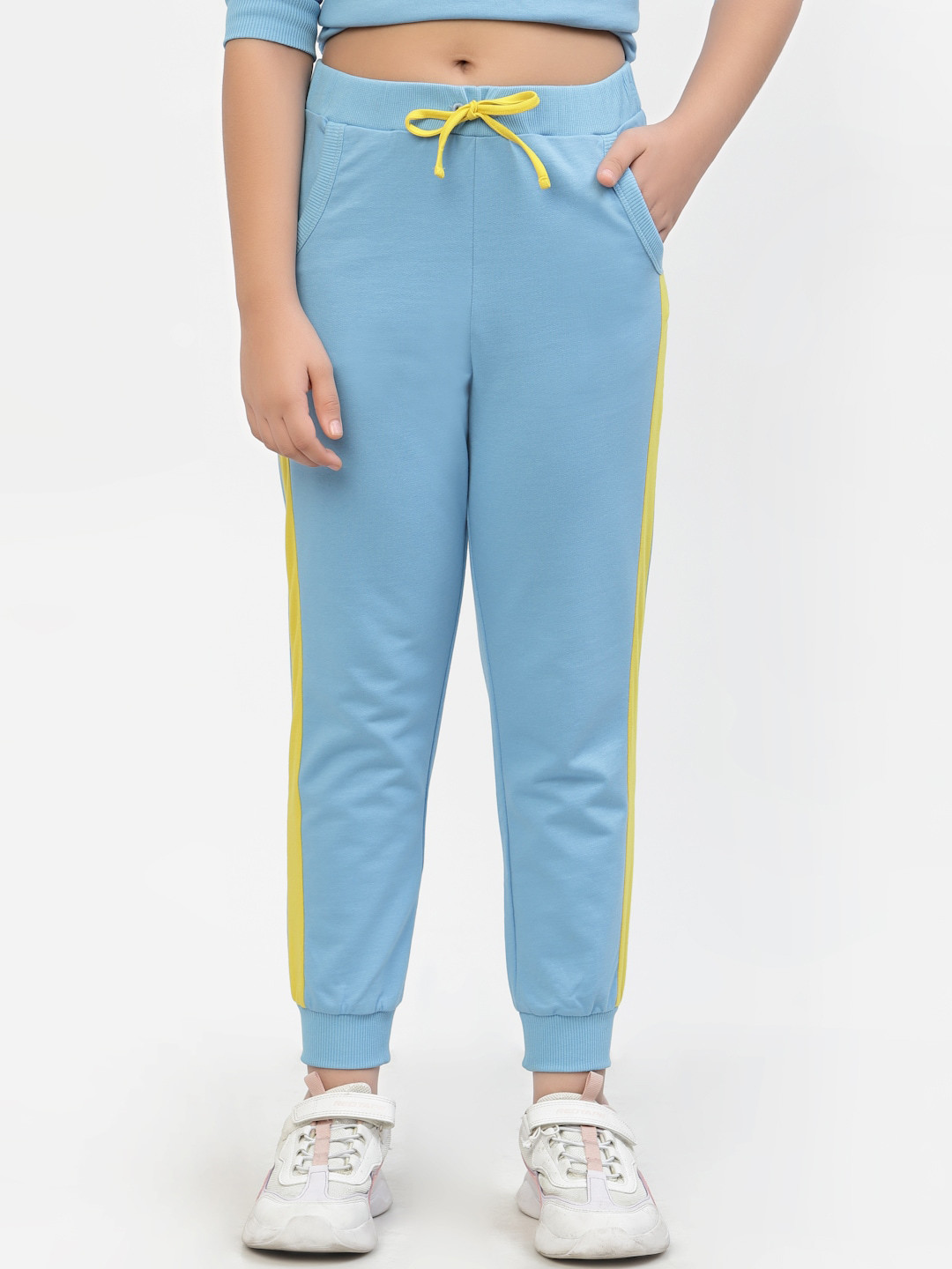 

SPUNKIES Girls Light Blue & Yellow Solid Dry Fit Organic Cotton Joggers