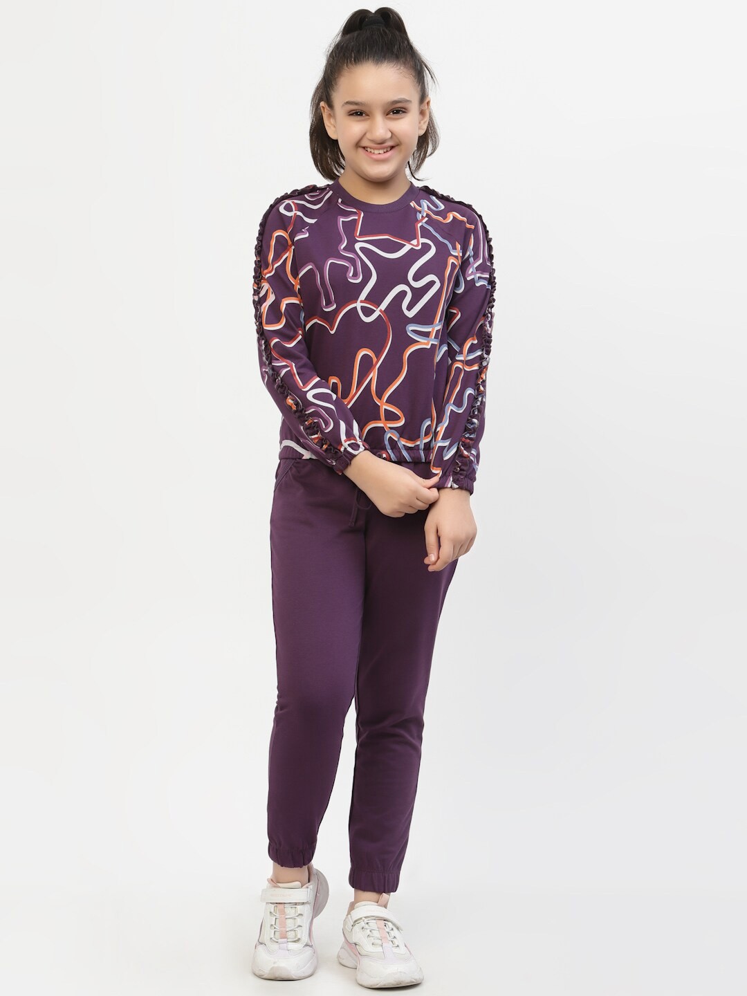 

SPUNKIES Girls Purple & Orange Printed Cotton Blend Sweatshirt With Joggers