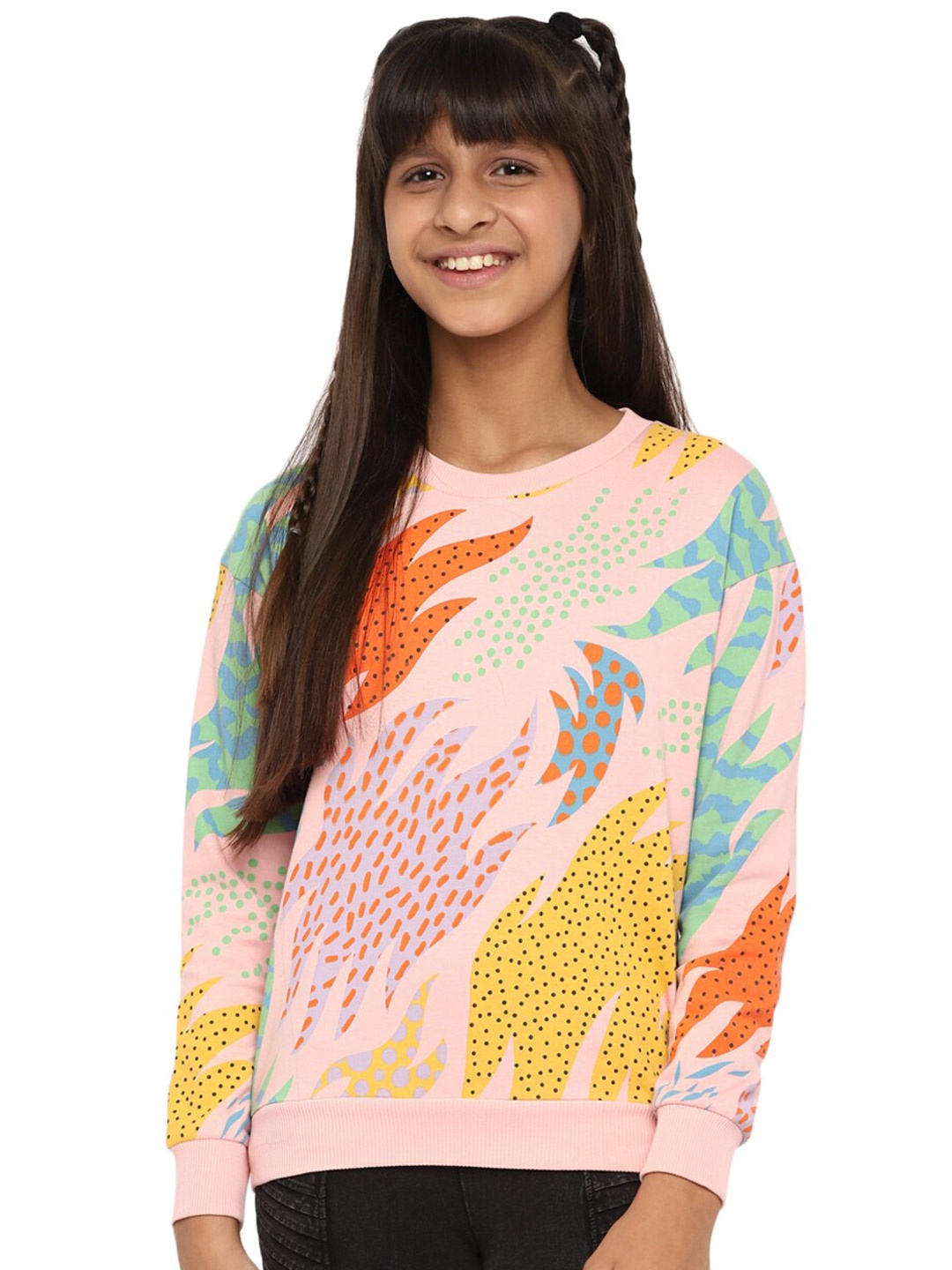 

SPUNKIES Girls Pink & Blue Printed Cotton Round Neck Sweatshirt