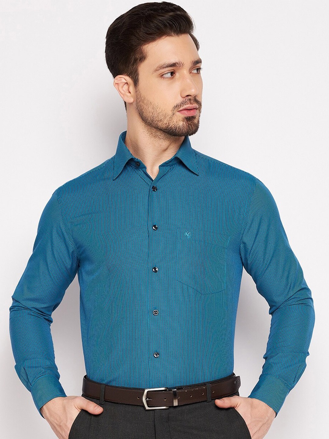 

Cantabil Men Teal Micro Checked Formal Cotton Shirt
