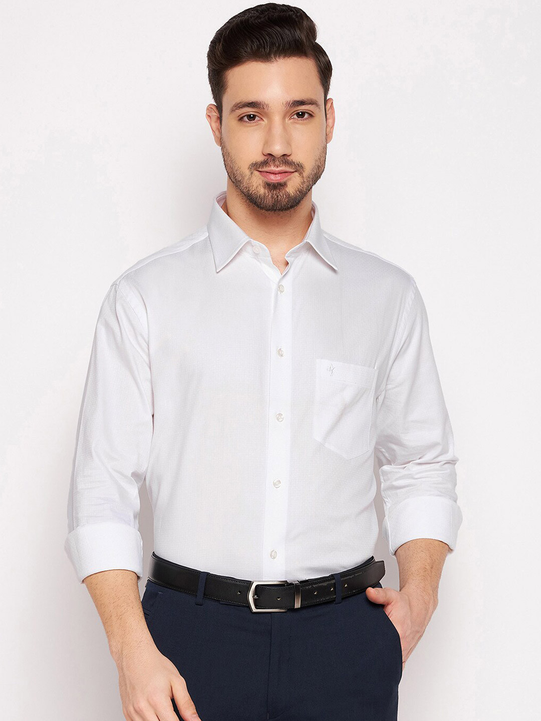 

Cantabil Men White Solid Cotton Formal Shirt