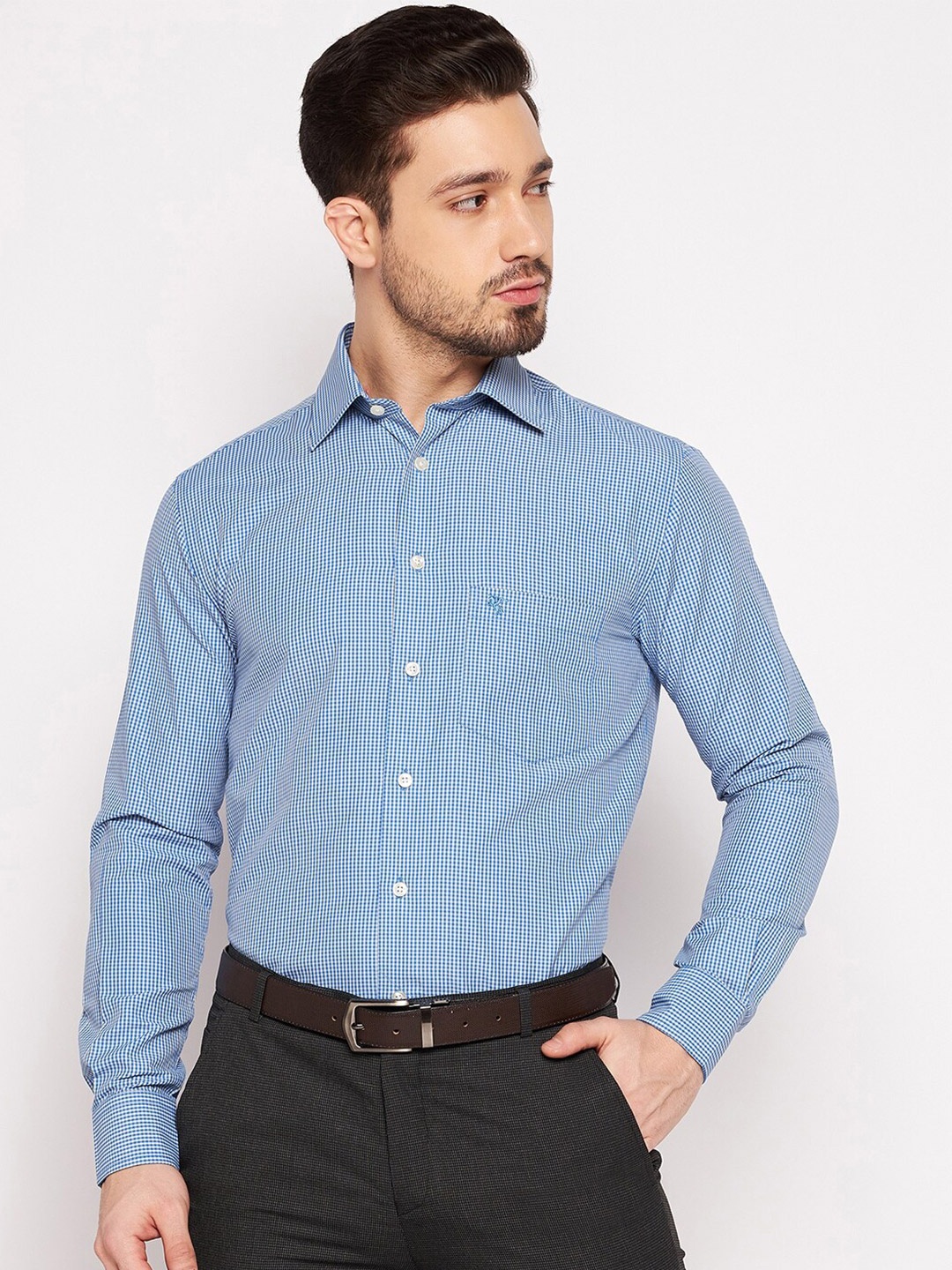 

Cantabil Men Blue Micro Checked Formal Cotton Shirt