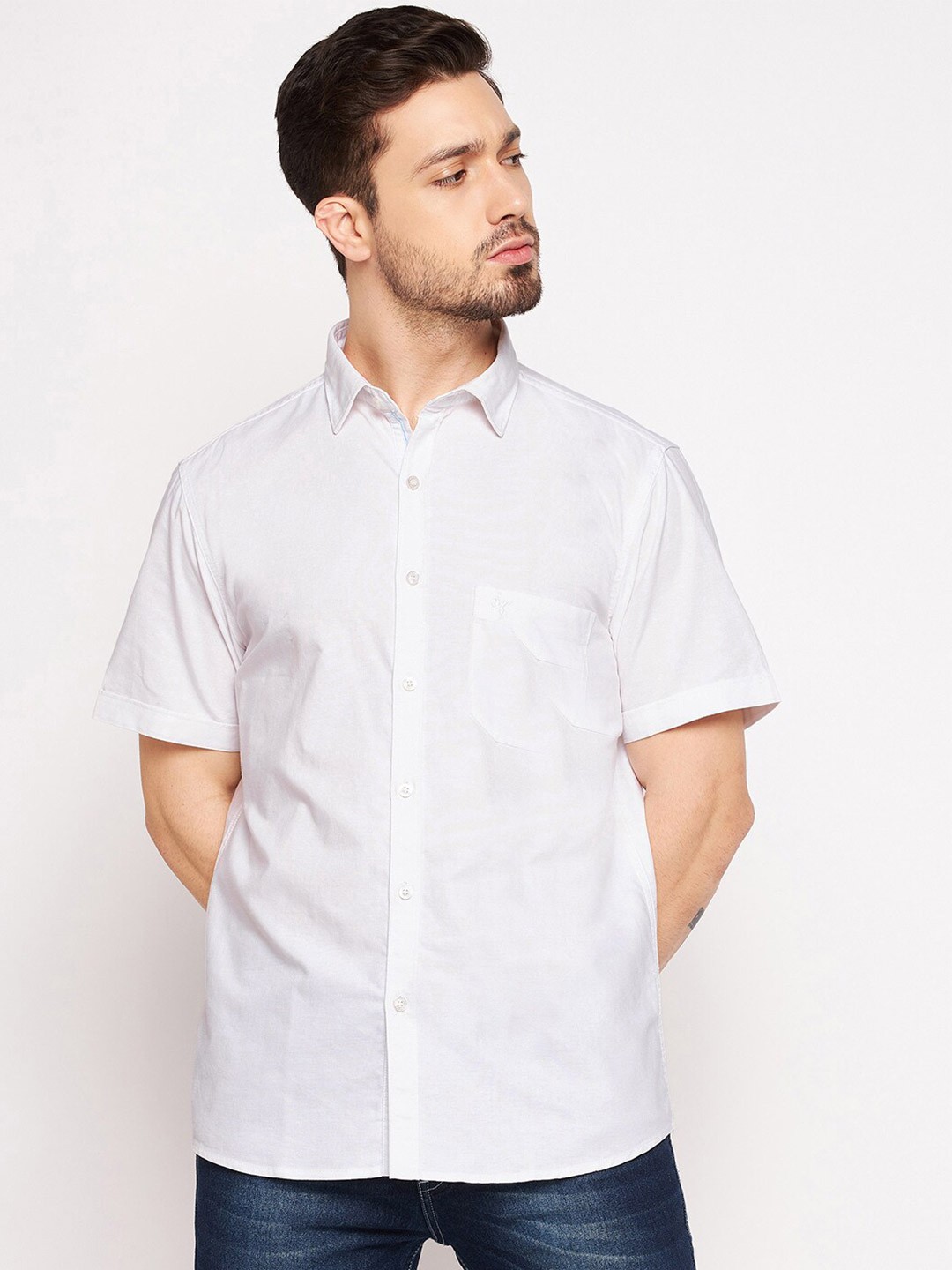 

Cantabil Men White Solid Cotton Casual Shirt