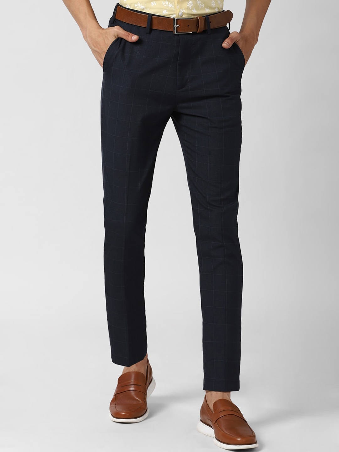 

Peter England Men Navy Blue Checked Slim Fit Trousers