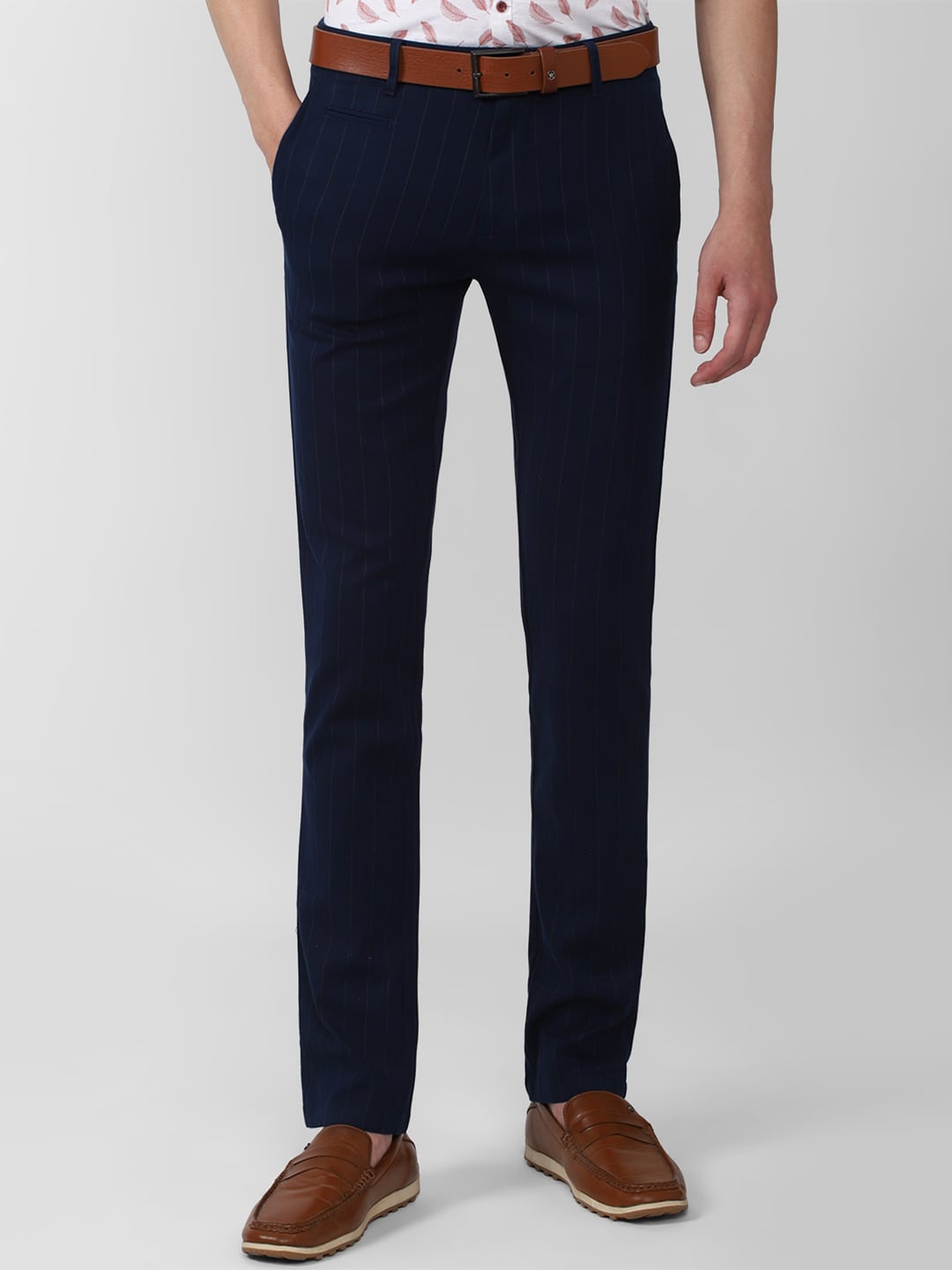 

V Dot Men Navy Blue Striped Slim Fit Formal Trouser