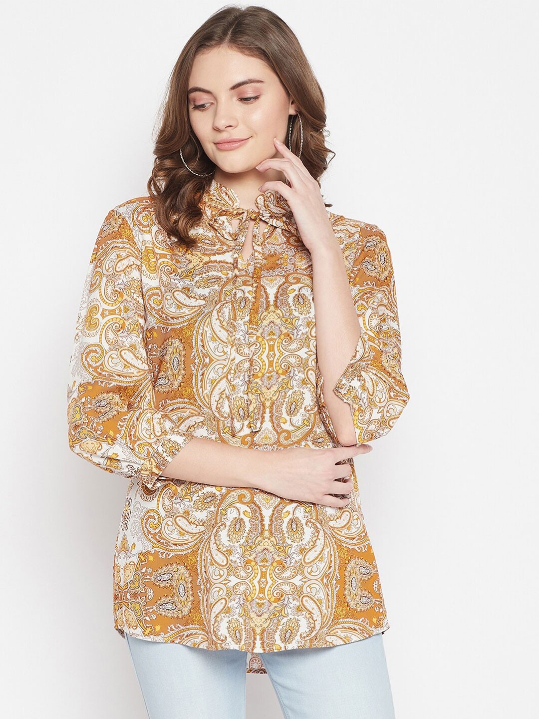 

Cantabil Mustard Yellow Print Tie-Up Neck Top