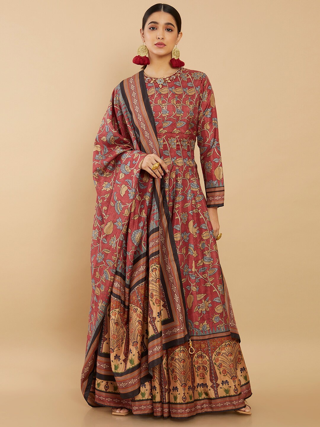 

Soch Women Maroon Floral Ethnic Maxi Dress