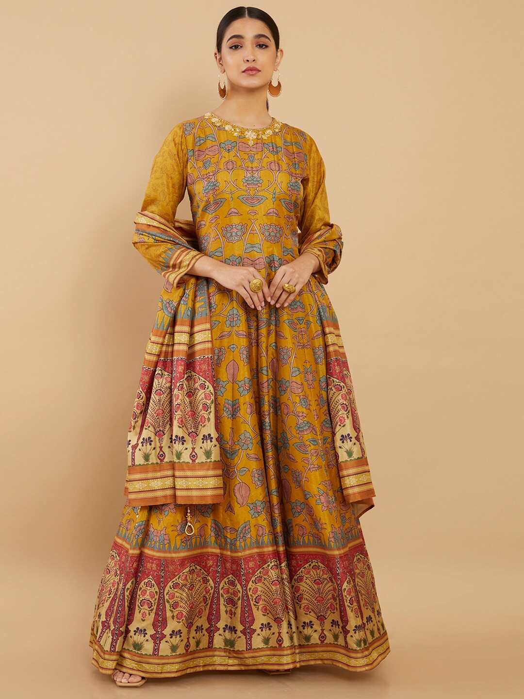 

Soch Women Floral Print Sequinned Anarkali Kurta With Trousers & Dupatta, Mustard