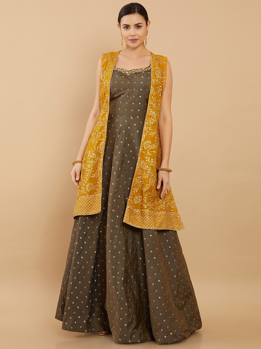 

Soch Women Mustard Yellow Ethnic Motifs Printed Pure Silk Kurta with Churidar