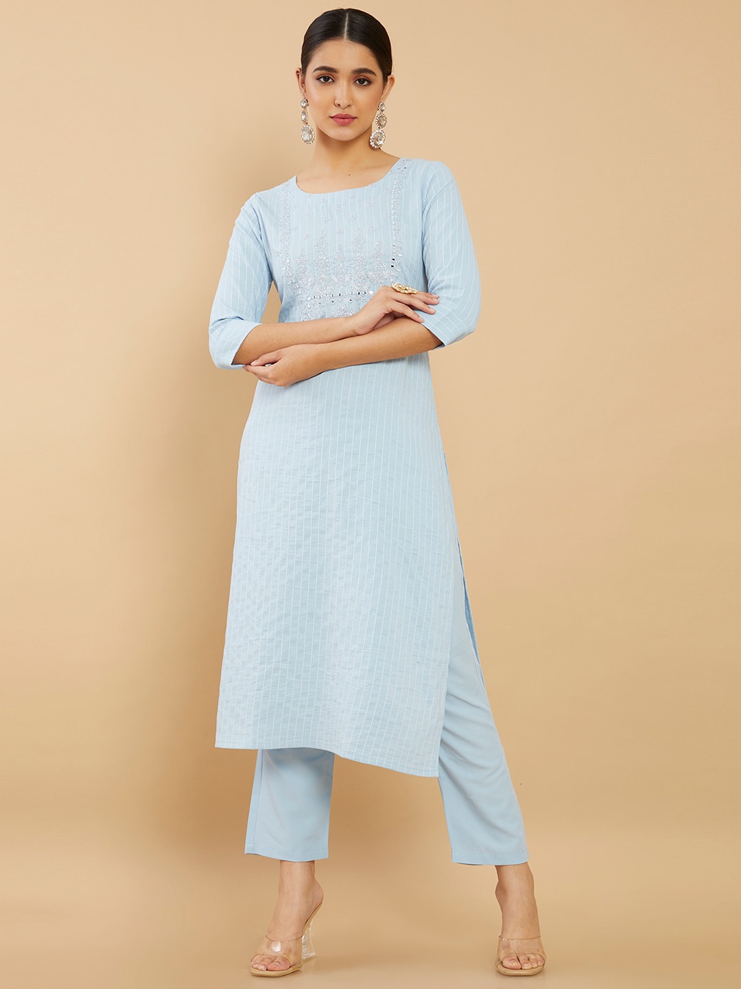 

Soch Women Blue Striped Mirror Work Kurta with Trousers