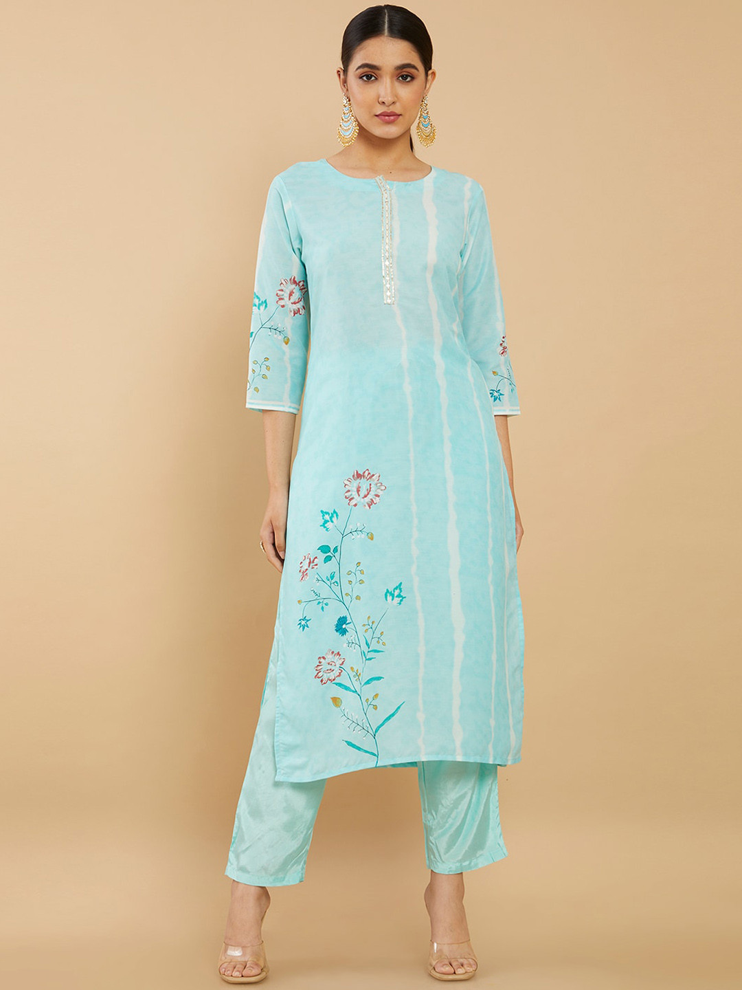 

Soch Women Blue Floral Printed Kurta with Trousers