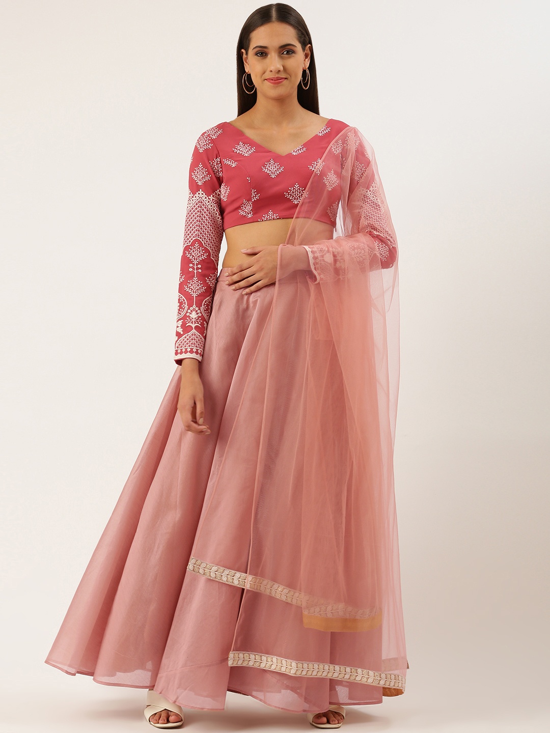 

Ethnovog Pink White Embroidered Ready to Wear Lehenga Blouse With Dupatta