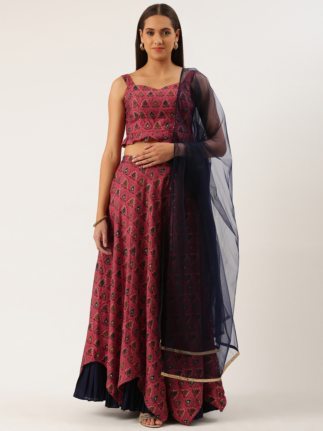 

Ethnovog Maroon Printed Sequinned Chanderi Ready to Wear Lehenga Blouse With Dupatta