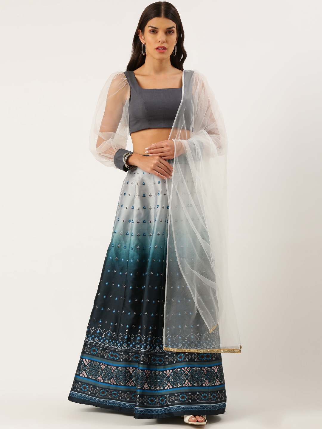 

Ethnovog Women Grey Blue Digital Print Ready to Wear Lehenga Blouse With Dupatta