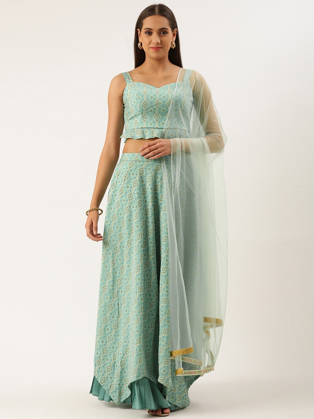 

Ethnovog Turquoise Blue Printed Ready to Wear Lehenga Blouse With Dupatta