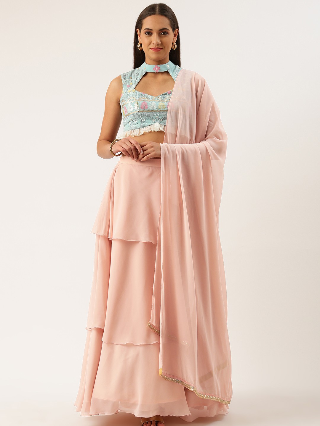 

Ethnovog Blue Pink Embellished Sequinned Ready to Wear Lehenga Blouse With Dupatta