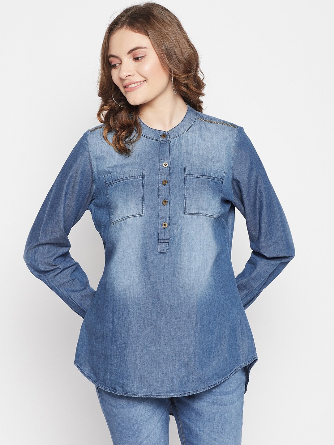 

Cantabil Women Blue Mandarin Collar Tunic