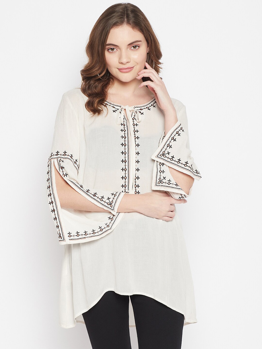 

Cantabil Cream-Coloured & Black Viscose Rayon Embroidered Tunic