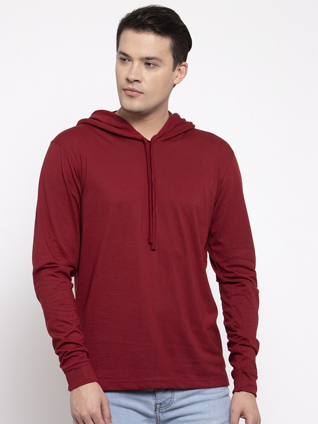 

Friskers Women Maroon Solid Cotton Hooded T-shirt