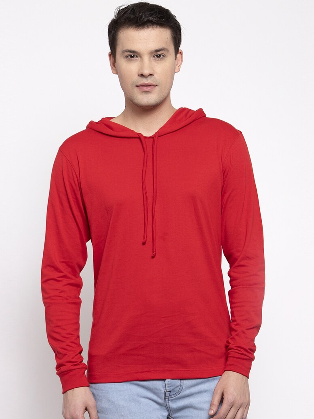 

Friskers Men Red Solid Pure Cotton Hooded T-shirt